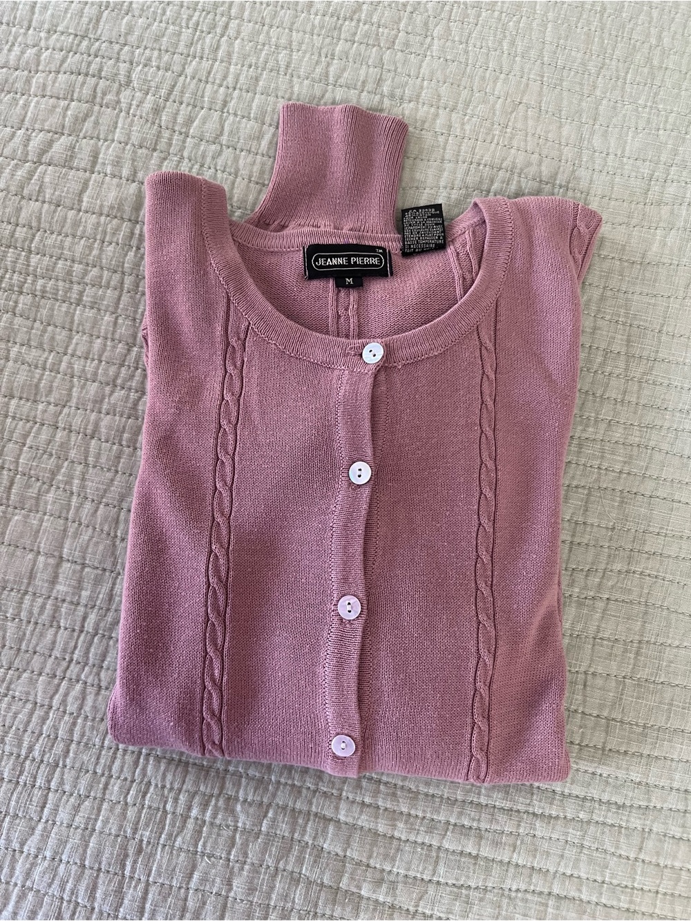 JEANNE PIERRE Dusty Rose Button-Front Cable Knit Cardigan